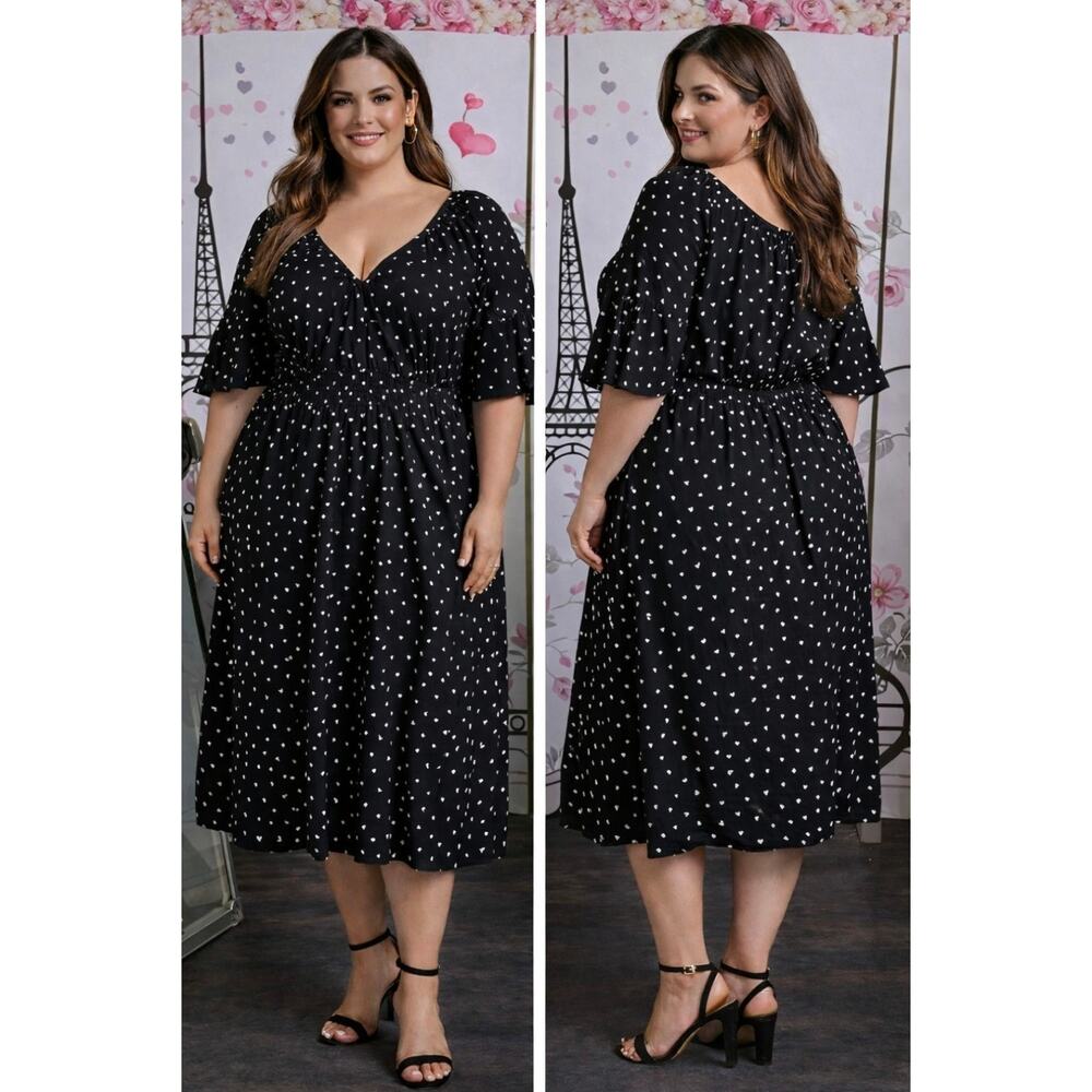 #150 MSRP $32 NWT AVA & VIV HEART PRINT FLUTTER SLEEVE MIDI DRESS ♡SIZE 2X♡